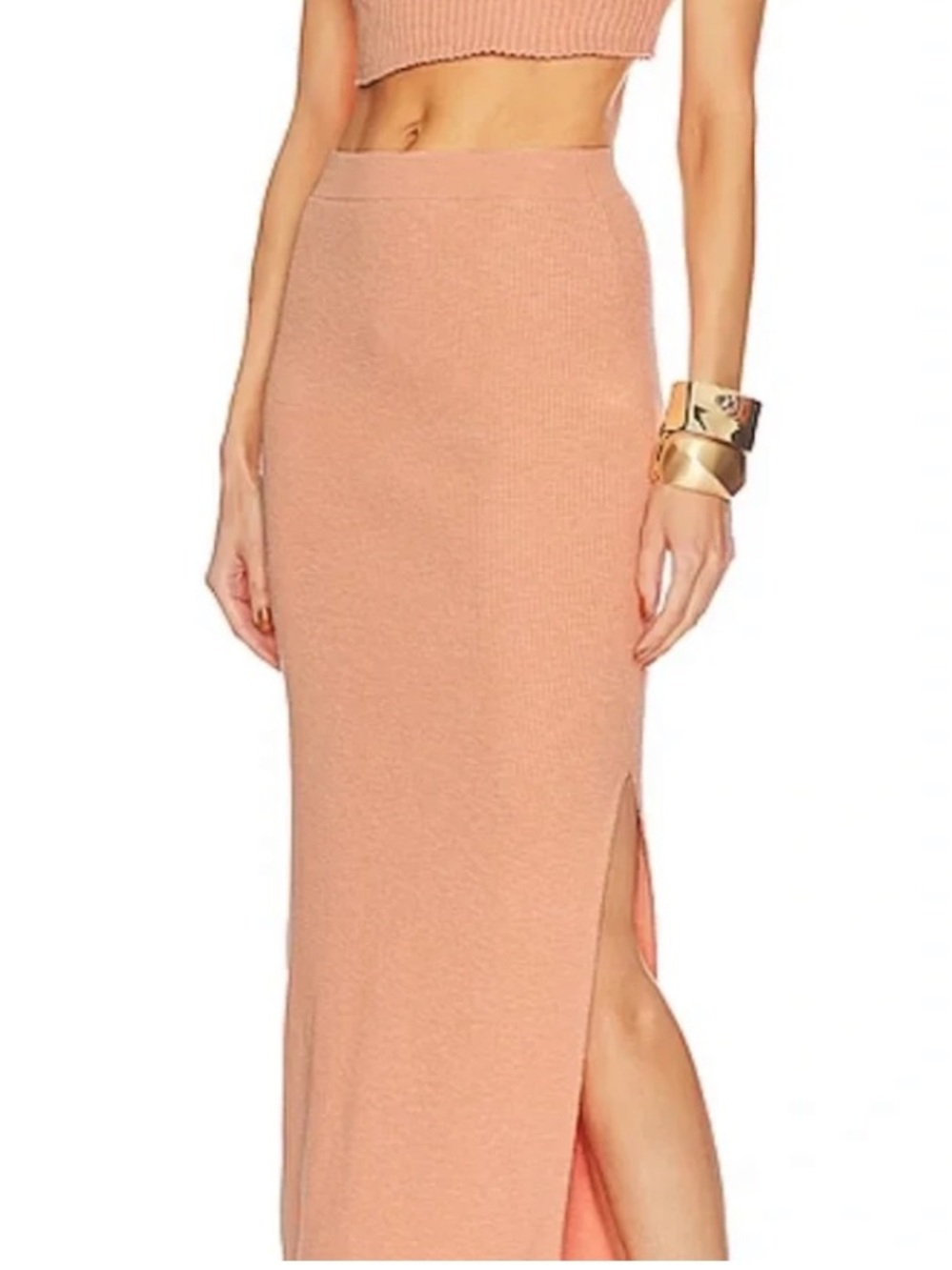 FREE PEOPLE FP BEACH Knit Midi Skirt with Side Slits - Coral Orange Medium